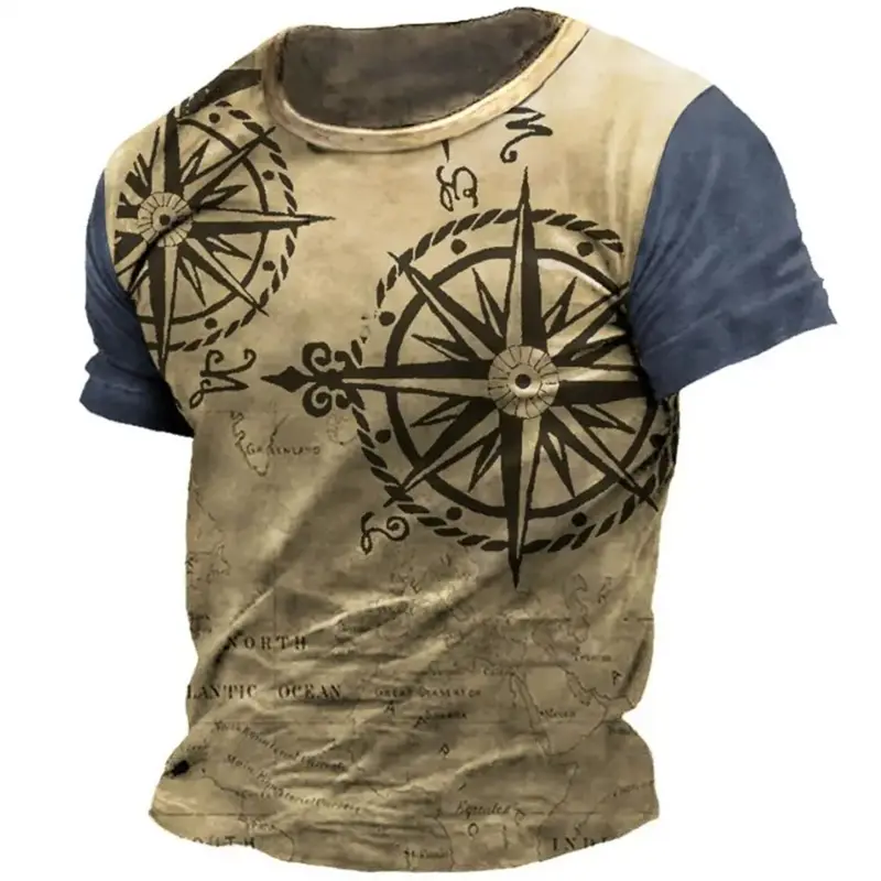 Vintage Summer Mens Clothes Compass Navigation 3D Printed T Shirt Street Men's Short Sleeve T-shirt Holiday Mens T Shirt Tops