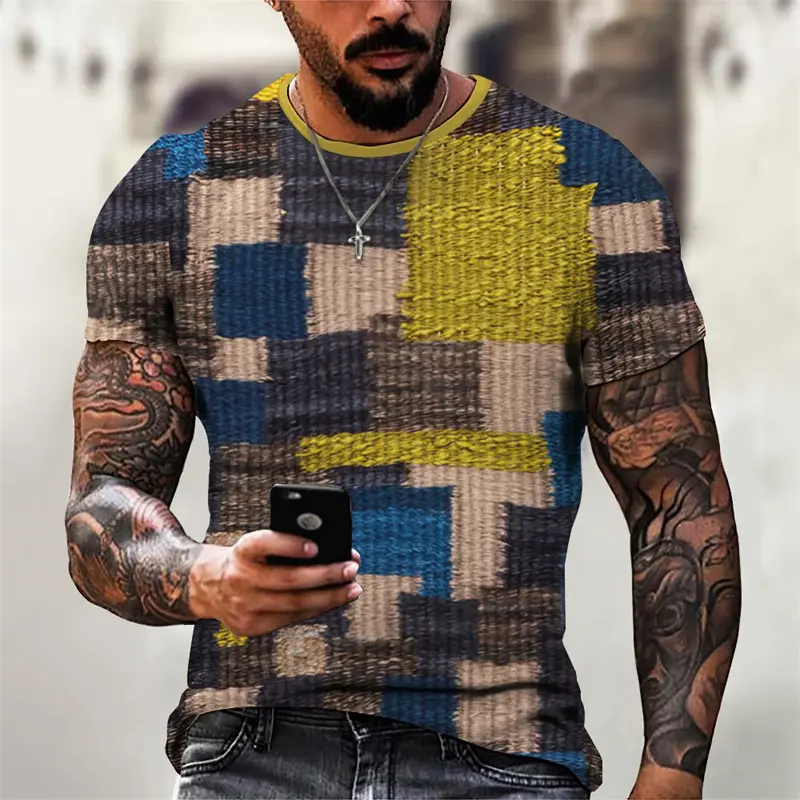 Vintage Spliced Pattern 3D Print Men's T-Shirt Summer New Funny Plaid Pattern Mens Clothing Oversized O Round Neck Tee Tops