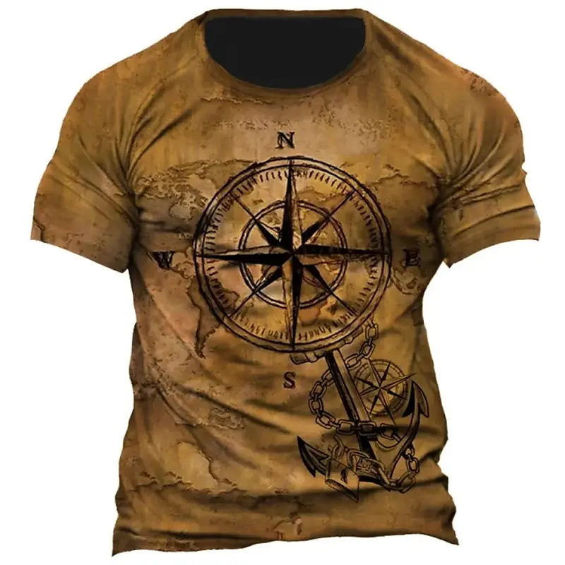 Vintage Summer Mens Clothes Compass Navigation 3D Printed T Shirt Street Men's Short Sleeve T-shirt Holiday Mens T Shirt Tops