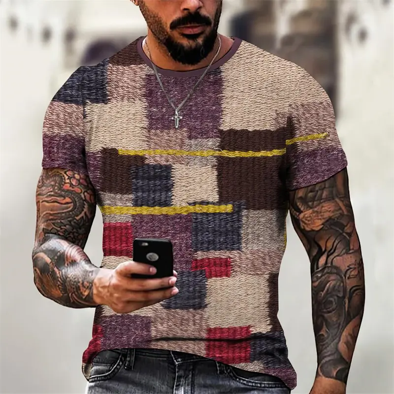 Vintage Spliced Pattern 3D Print Men's T-Shirt Summer New Funny Plaid Pattern Mens Clothing Oversized O Round Neck Tee Tops