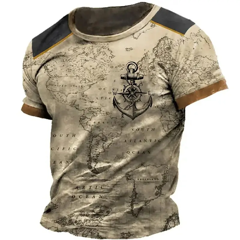 Vintage Summer Mens Clothes Compass Navigation 3D Printed T Shirt Street Men's Short Sleeve T-shirt Holiday Mens T Shirt Tops