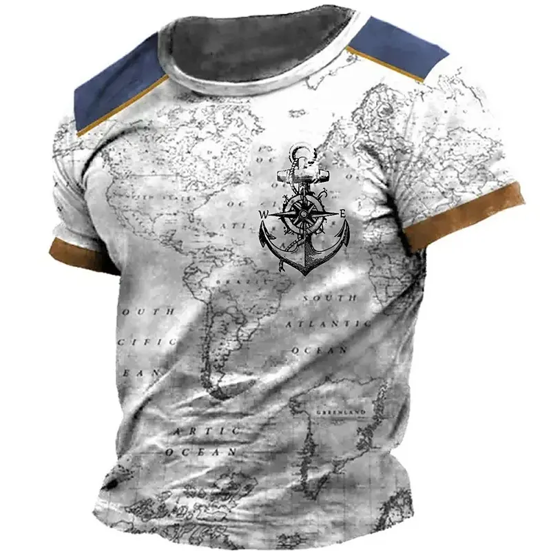 Vintage Summer Mens Clothes Compass Navigation 3D Printed T Shirt Street Men's Short Sleeve T-shirt Holiday Mens T Shirt Tops