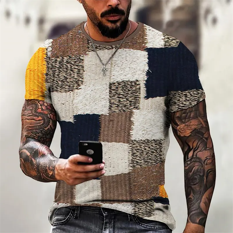 Vintage Spliced Pattern 3D Print Men's T-Shirt Summer New Funny Plaid Pattern Mens Clothing Oversized O Round Neck Tee Tops