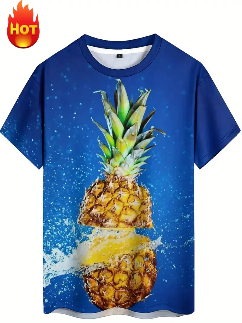 2025 Summer New Men's T-shirt Fashion 3d Print Pineapple Graphic T Shirt Trendy Hip Hop Short-sleeved Round Neck T-shirt Tops