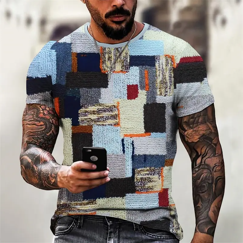Vintage Spliced Pattern 3D Print Men's T-Shirt Summer New Funny Plaid Pattern Mens Clothing Oversized O Round Neck Tee Tops
