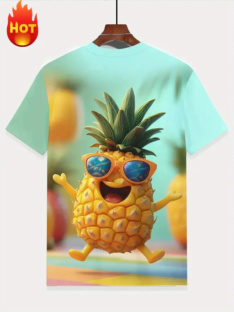 2025 Summer New Men's T-shirt Fashion 3d Print Pineapple Graphic T Shirt Trendy Hip Hop Short-sleeved Round Neck T-shirt Tops