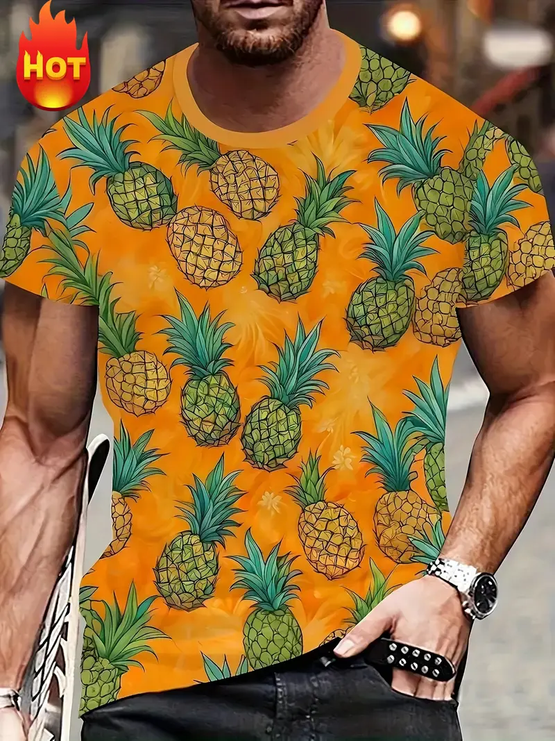 2025 Summer New Men's T-shirt Fashion 3d Print Pineapple Graphic T Shirt Trendy Hip Hop Short-sleeved Round Neck T-shirt Tops