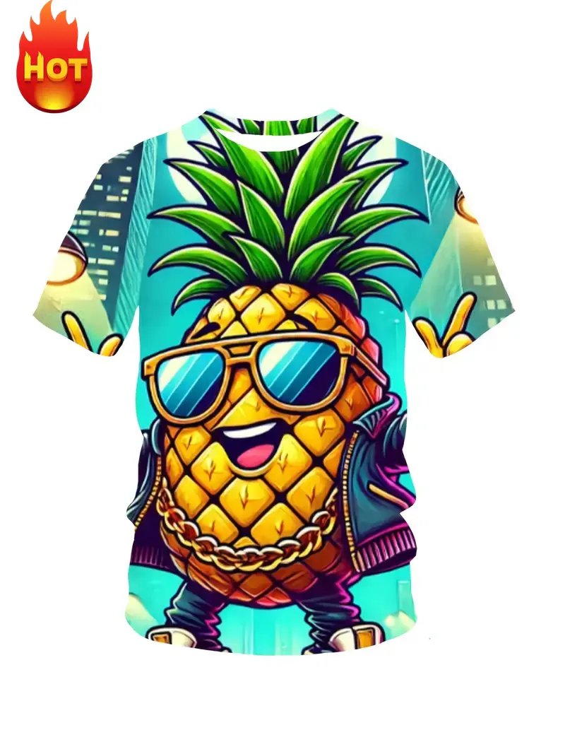 2025 Summer New Men's T-shirt Fashion 3d Print Pineapple Graphic T Shirt Trendy Hip Hop Short-sleeved Round Neck T-shirt Tops