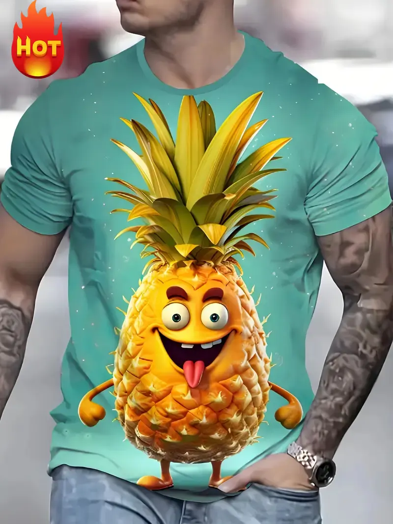 2025 Summer New Men's T-shirt Fashion 3d Print Pineapple Graphic T Shirt Trendy Hip Hop Short-sleeved Round Neck T-shirt Tops
