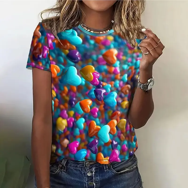 3d Love Heart Graphic T Shirt For Ladies Girls Summer O-Neck Fashion Casual Loose T Shirts Short Sleeve Plus Size Women Clothing