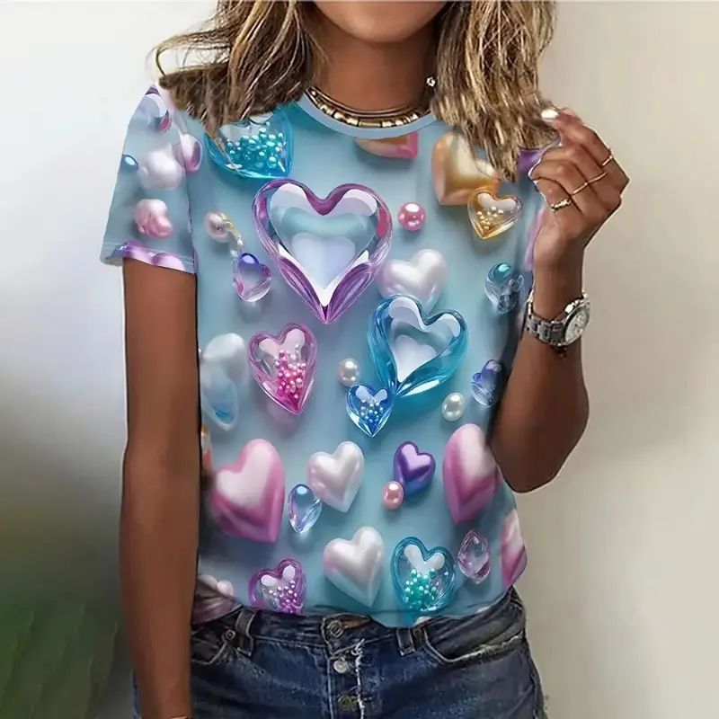 3d Love Heart Graphic T Shirt For Ladies Girls Summer O-Neck Fashion Casual Loose T Shirts Short Sleeve Plus Size Women Clothing