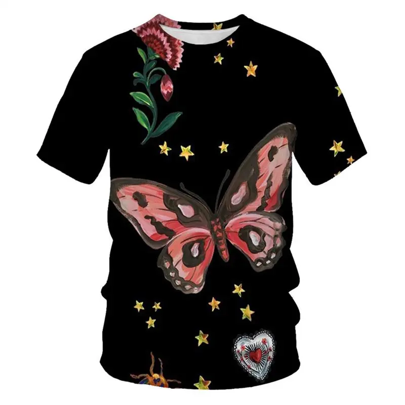 Summer New Fashion Flowers Butterflies 3D Graphic T Shirt Man Woman Personality Trend Hip Hop Print T-shirt Short Sleeve Tee Top