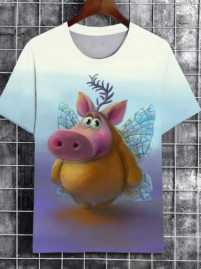 3D Print Men's Funny Flying Pig Graphic T-Shirt Clothes Summer Short Sleeve Cute Pig Casual T Shirts Top Men Novelty Kids Tshirt