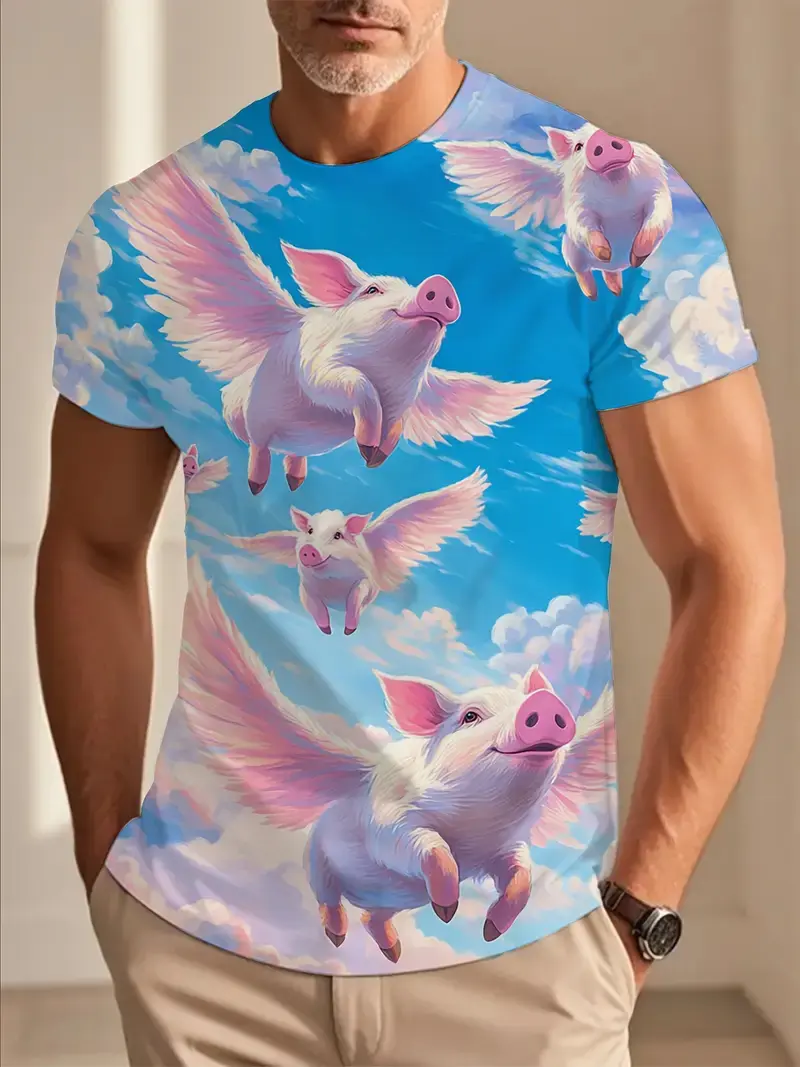 3D Print Men's Funny Flying Pig Graphic T-Shirt Clothes Summer Short Sleeve Cute Pig Casual T Shirts Top Men Novelty Kids Tshirt