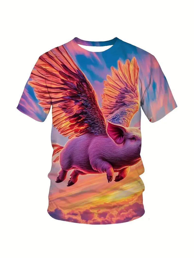 3D Print Men's Funny Flying Pig Graphic T-Shirt Clothes Summer Short Sleeve Cute Pig Casual T Shirts Top Men Novelty Kids Tshirt