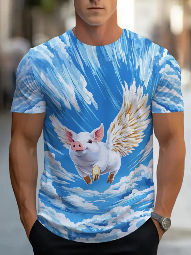 3D Print Men's Funny Flying Pig Graphic T-Shirt Clothes Summer Short Sleeve Cute Pig Casual T Shirts Top Men Novelty Kids Tshirt