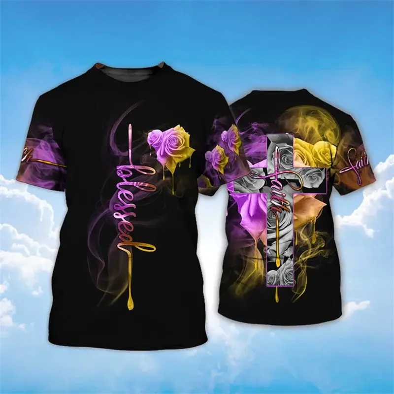 Christ T-shirt 3D Printed Jesus Cross Graphic T-shirt Men's Fashion Crew Neck Short Sleeve Tops Summer Harajuku Casual Kids Top