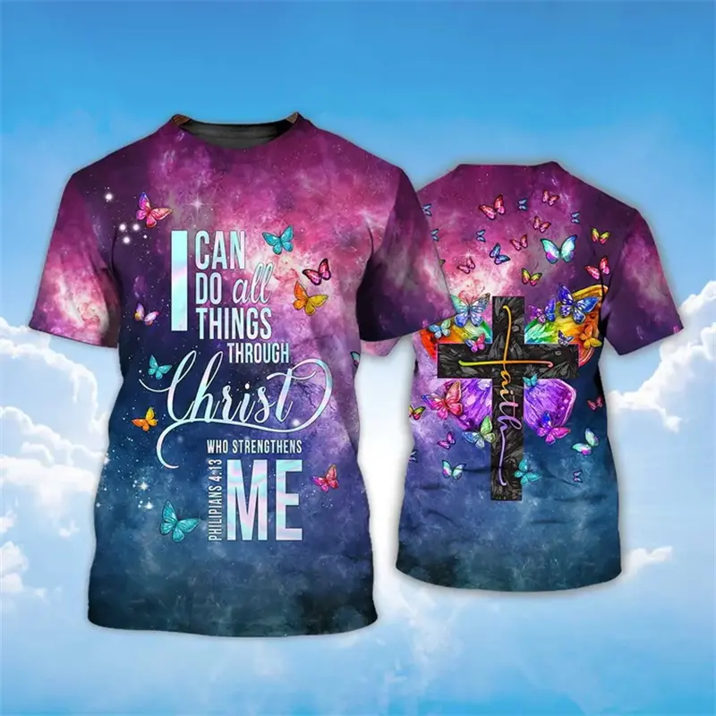 Christ T-shirt 3D Printed Jesus Cross Graphic T-shirt Men's Fashion Crew Neck Short Sleeve Tops Summer Harajuku Casual Kids Top