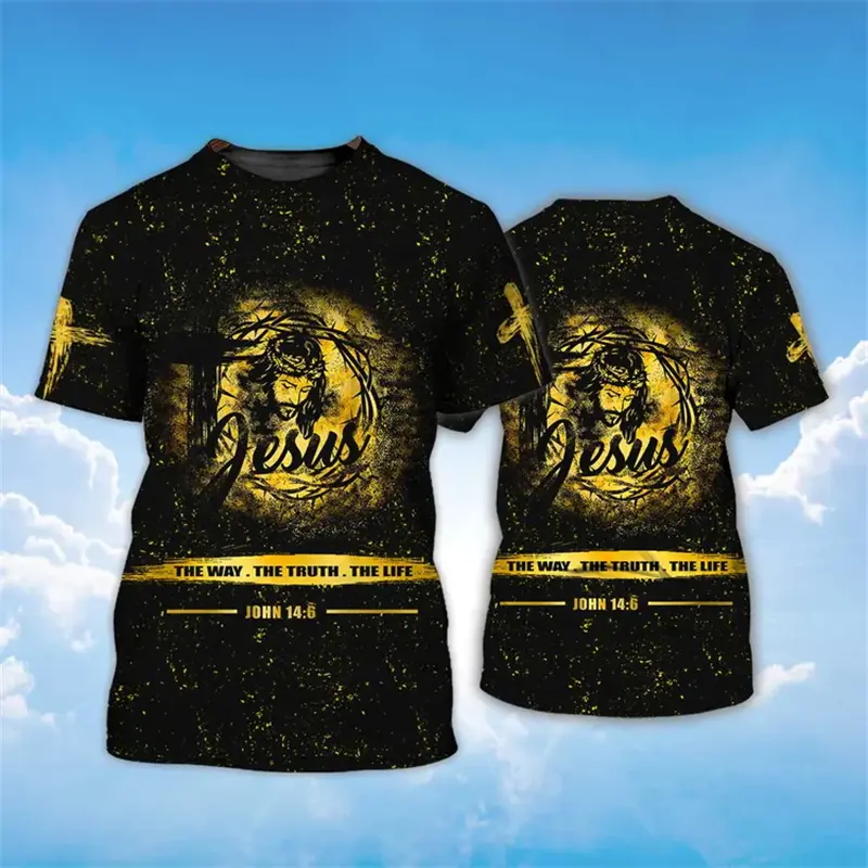 Christ T-shirt 3D Printed Jesus Cross Graphic T-shirt Men's Fashion Crew Neck Short Sleeve Tops Summer Harajuku Casual Kids Top