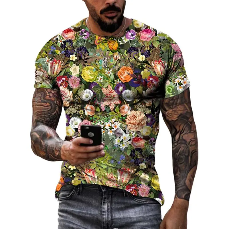 Fashion Beautiful Personality Plant Flowers 3D Print T-shirts Summer Street Style Men Tshirt Round Neck Short Sleeve Tees Tops