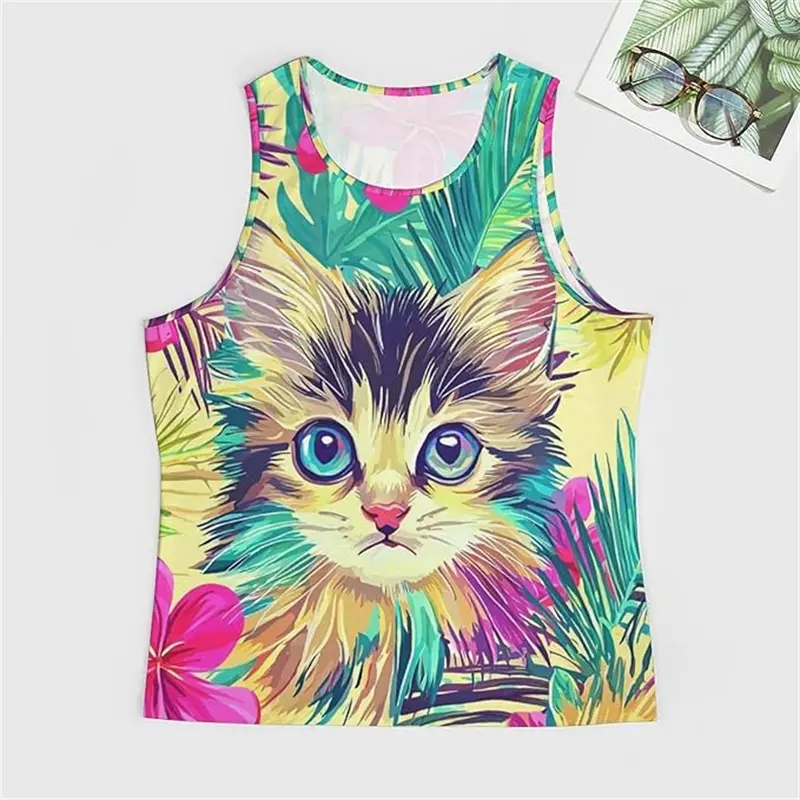 Harajuku Cat Graphic 3D Print Tank Tops Summer Men O-Neck Casual Vest Y2k Sleeveless T Shirt Men Sport Quick Drying Clothing