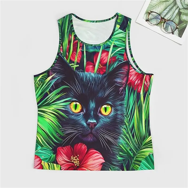 Harajuku Cat Graphic 3D Print Tank Tops Summer Men O-Neck Casual Vest Y2k Sleeveless T Shirt Men Sport Quick Drying Clothing