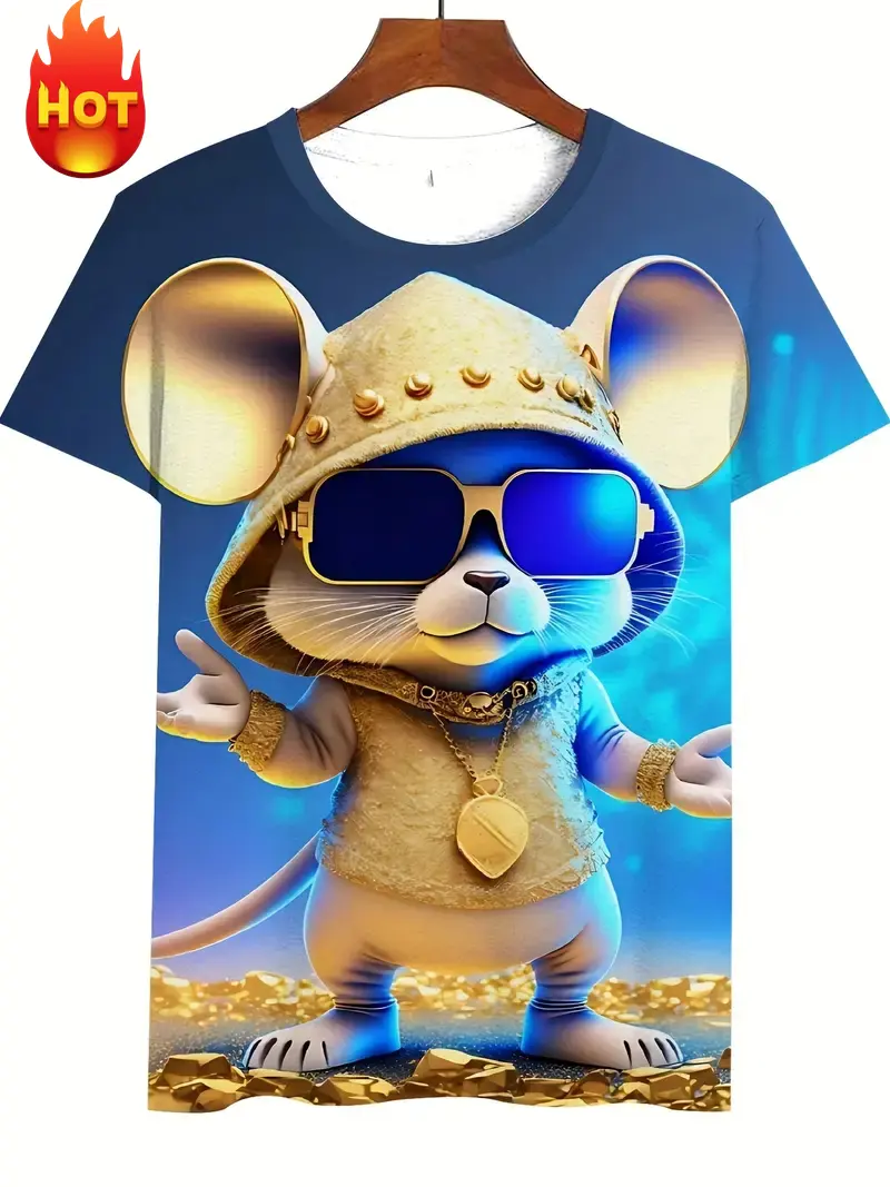 Funny Cartoon Mouse Pattern T Shirt For Men Cute Animal 3D Printed Short Sleeve Tops Summer Casual Round Neck Loose Tee Shirts