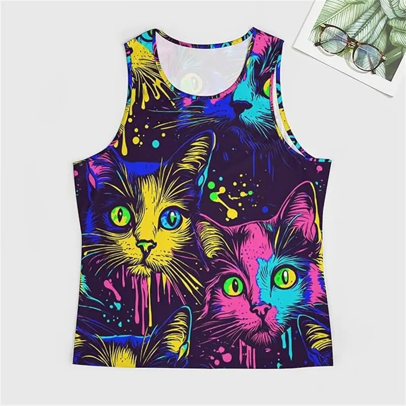 Harajuku Cat Graphic 3D Print Tank Tops Summer Men O-Neck Casual Vest Y2k Sleeveless T Shirt Men Sport Quick Drying Clothing