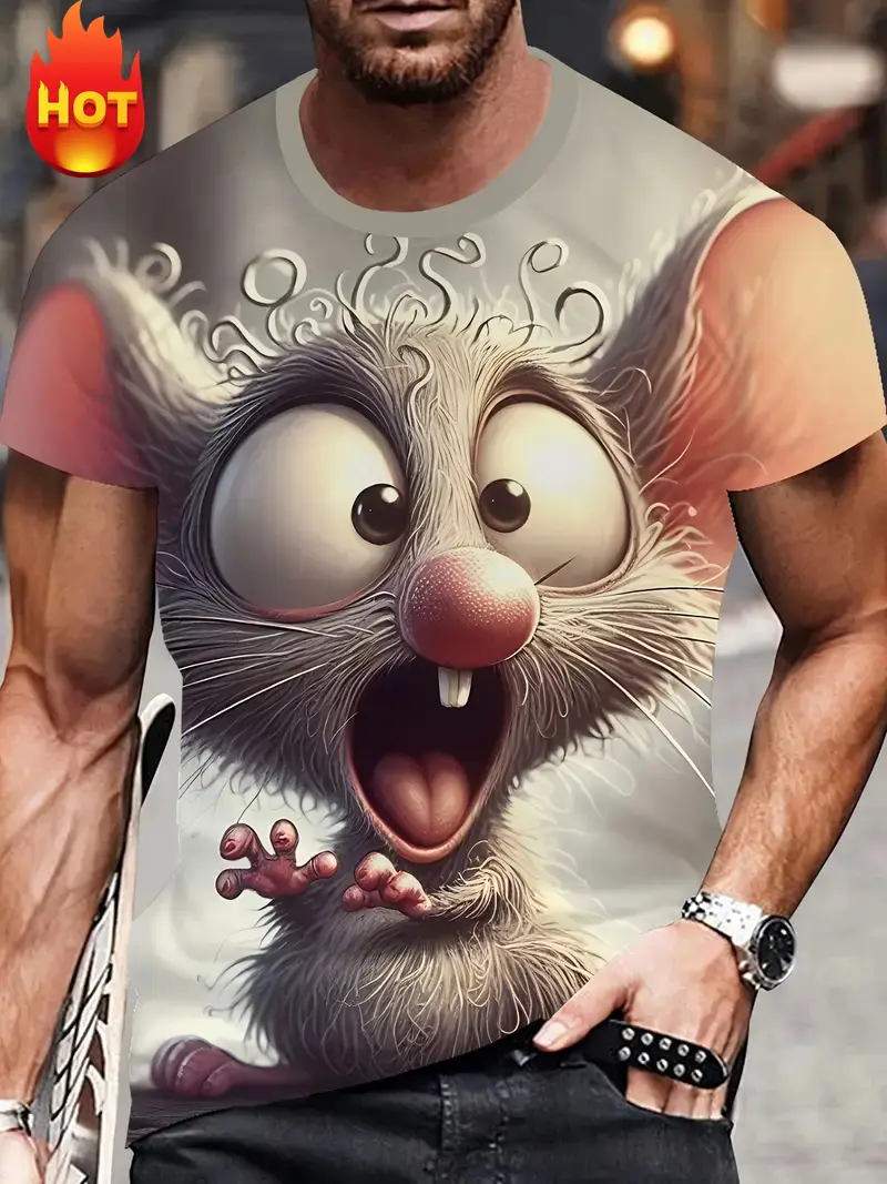 Funny Cartoon Mouse Pattern T Shirt For Men Cute Animal 3D Printed Short Sleeve Tops Summer Casual Round Neck Loose Tee Shirts