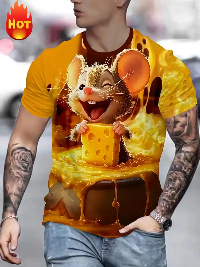 Funny Cartoon Mouse Pattern T Shirt For Men Cute Animal 3D Printed Short Sleeve Tops Summer Casual Round Neck Loose Tee Shirts