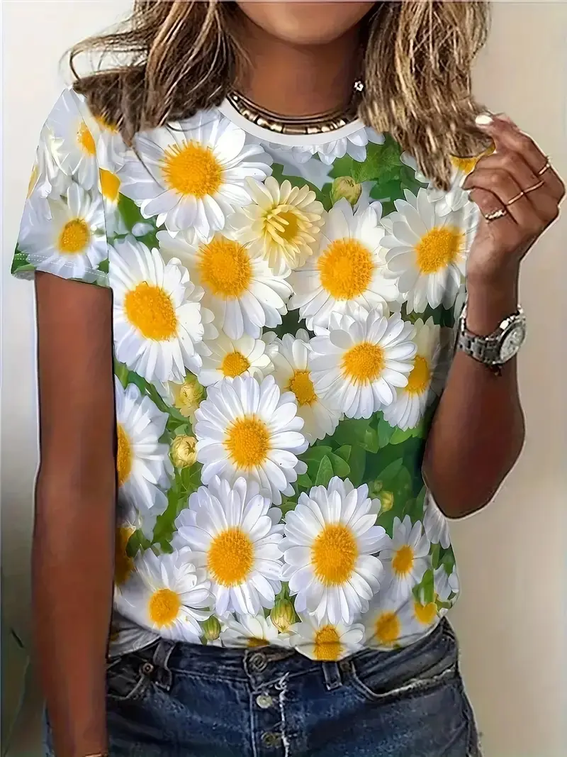 New Summer Women T Shirts Casual Daisy Graphic 3D Printed Women T Shirt Loose Short Sleeve O-Neck Tees Shirts Girls Ladies Top