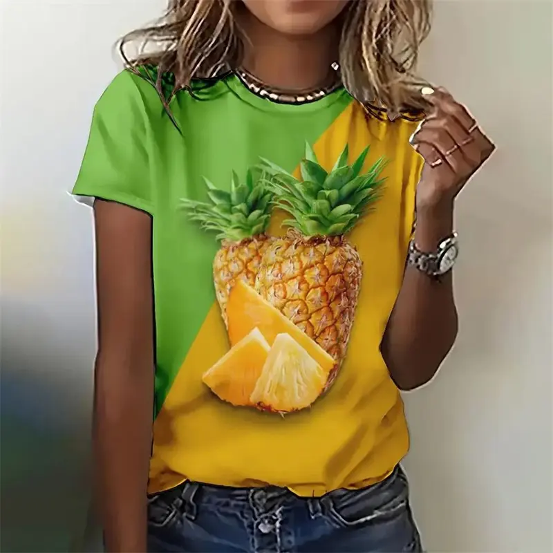Summer Fruit Print T Shirt For Ladies Girls Summer O Neck Fashion Casual Loose Graphic T Shirt Elegant Plus Size Women Clothing