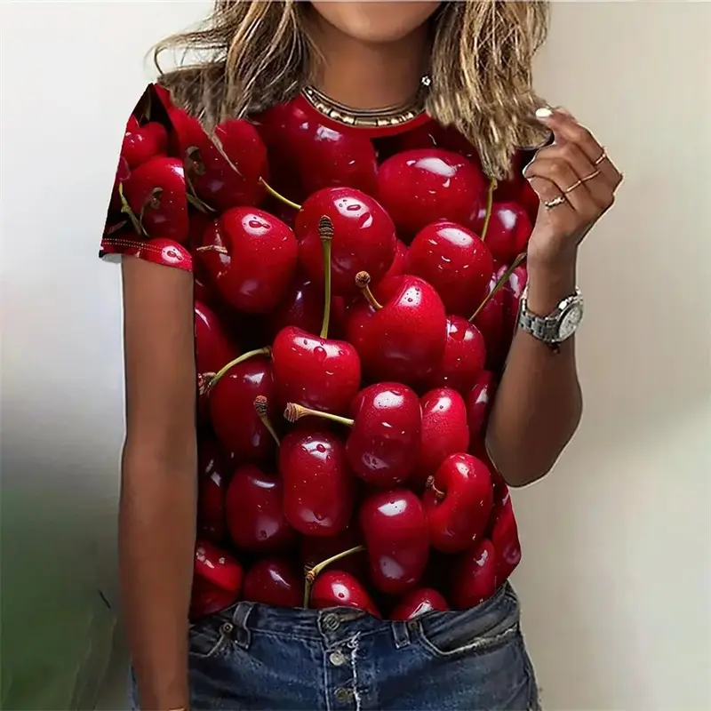 Summer Fruit Print T Shirt For Ladies Girls Summer O Neck Fashion Casual Loose Graphic T Shirt Elegant Plus Size Women Clothing