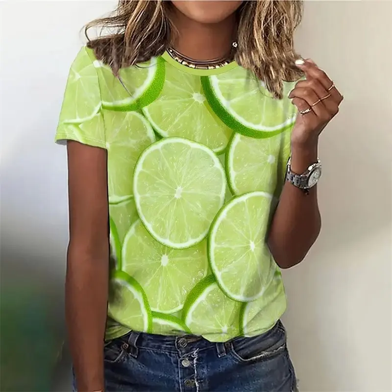Summer Fruit Print T Shirt For Ladies Girls Summer O Neck Fashion Casual Loose Graphic T Shirt Elegant Plus Size Women Clothing