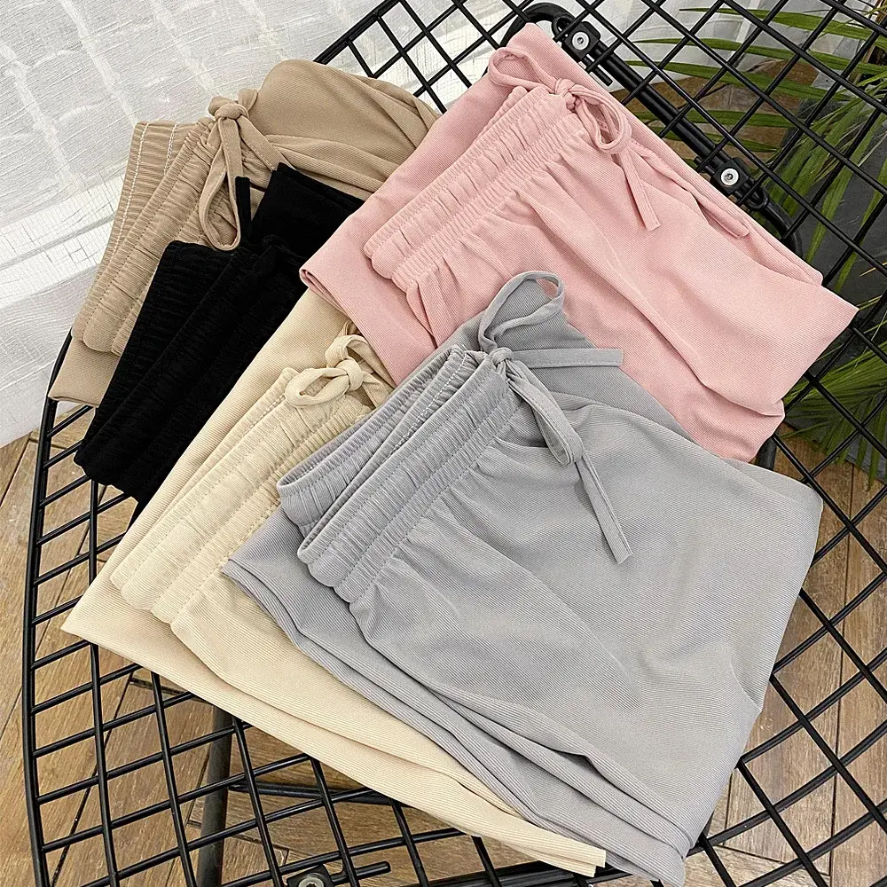 Women Wide Leg Long Pants Casual Solid Elastic Waist loose Ankle-Length Ice silk Pants Spring Summer female trousers