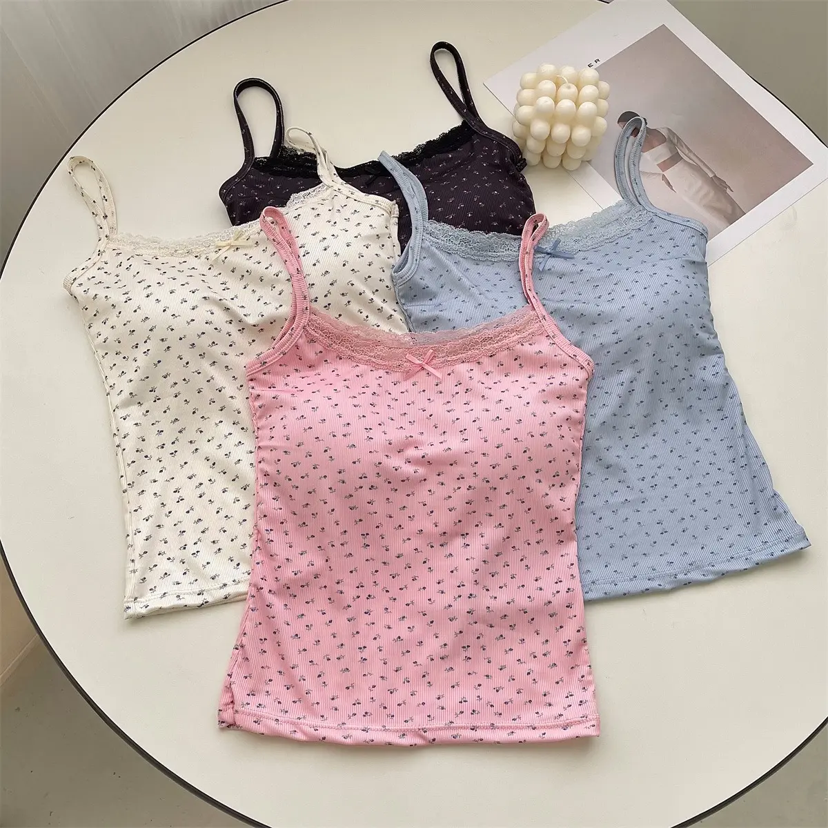 Lace Flower Print Camis Tank Tops One Size Sweet Floral Tops Elegant Slim Short Tank Tops Sexy Vest Y2K Camisole Women Clothes