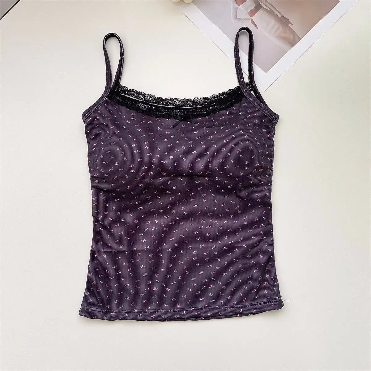 Lace Flower Print Camis Tank Tops One Size Sweet Floral Tops Elegant Slim Short Tank Tops Sexy Vest Y2K Camisole Women Clothes