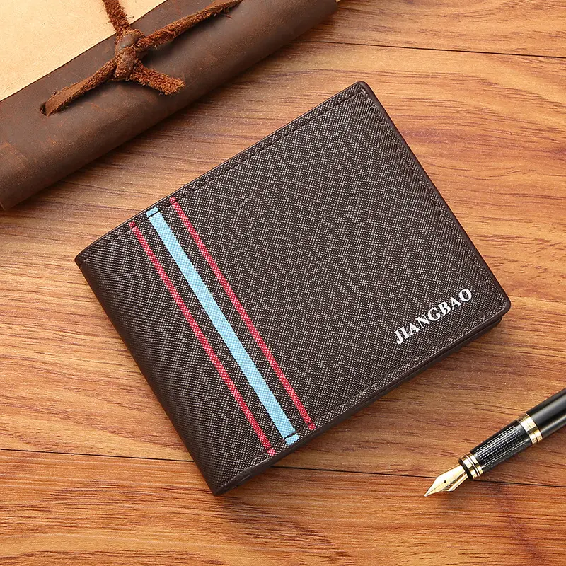Men'S Short Fashionable Thin Wallet Multi Card Cross Pattern Wallet Spot Horizontal Large Capacity Business Soft Leather Wallet