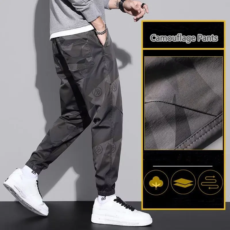 Casual Camouflage Workwear Pants for Men Elastic Waist Drawstring Pants Sports Outdoor Fashion Male Cargo Trouser Sweatpants