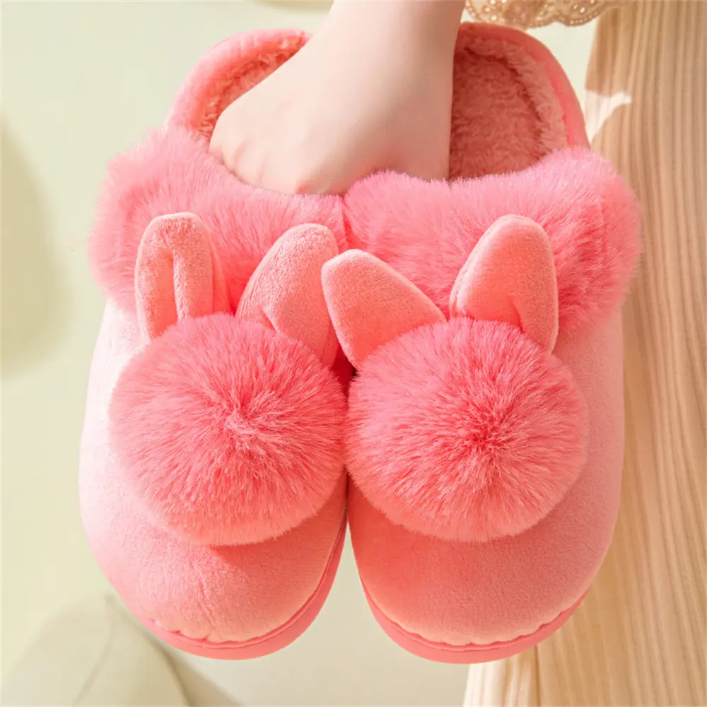 Women Winter Warm Home Slippers Couples Cartoon Cute Rabbit Floor Slides Non-Slip Soft House Shoes Ladies Indoor Bedroom Slipper