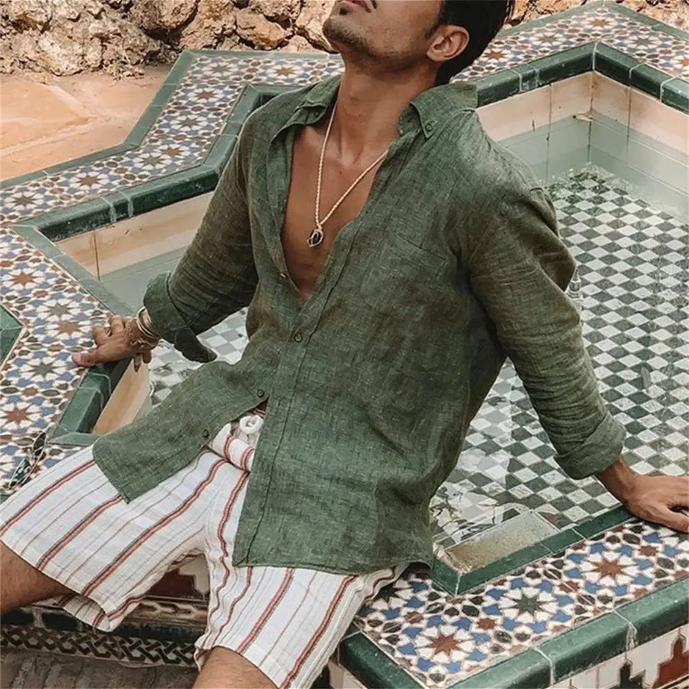 2024 Summer Men'S Casual Cotton Linen Shirt Long Sleeve Loose Blouse Button Breathable Top For Men