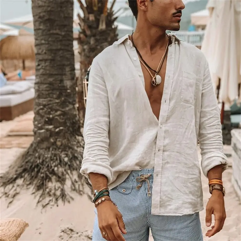 2024 Summer Men'S Casual Cotton Linen Shirt Long Sleeve Loose Blouse Button Breathable Top For Men