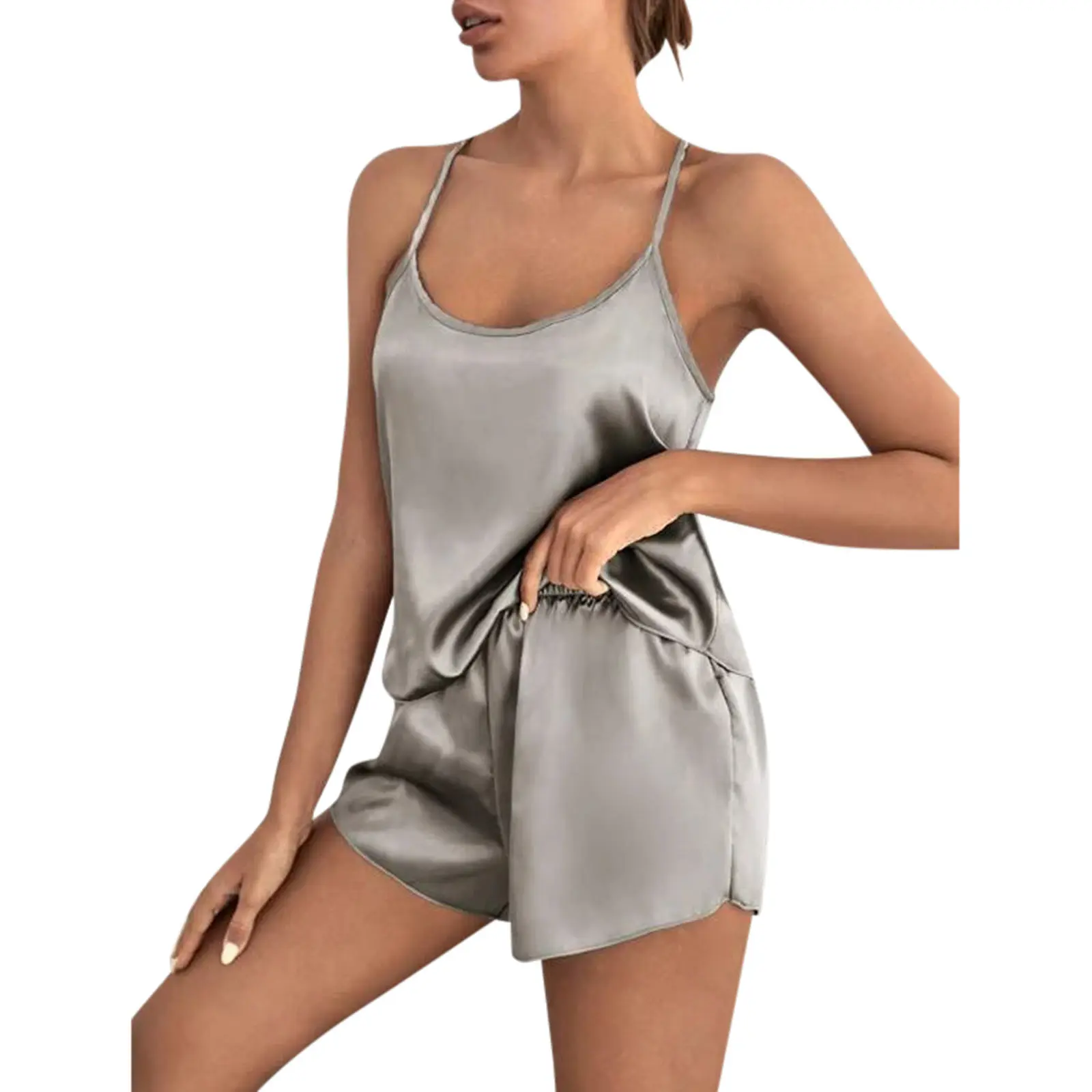 Women's Sleepwear Sexy Lace Satin Pajama Sets Nightwear Sleeveless Tops+Shorts 2Pcs Sets Pyjama Sets for Women Pijama