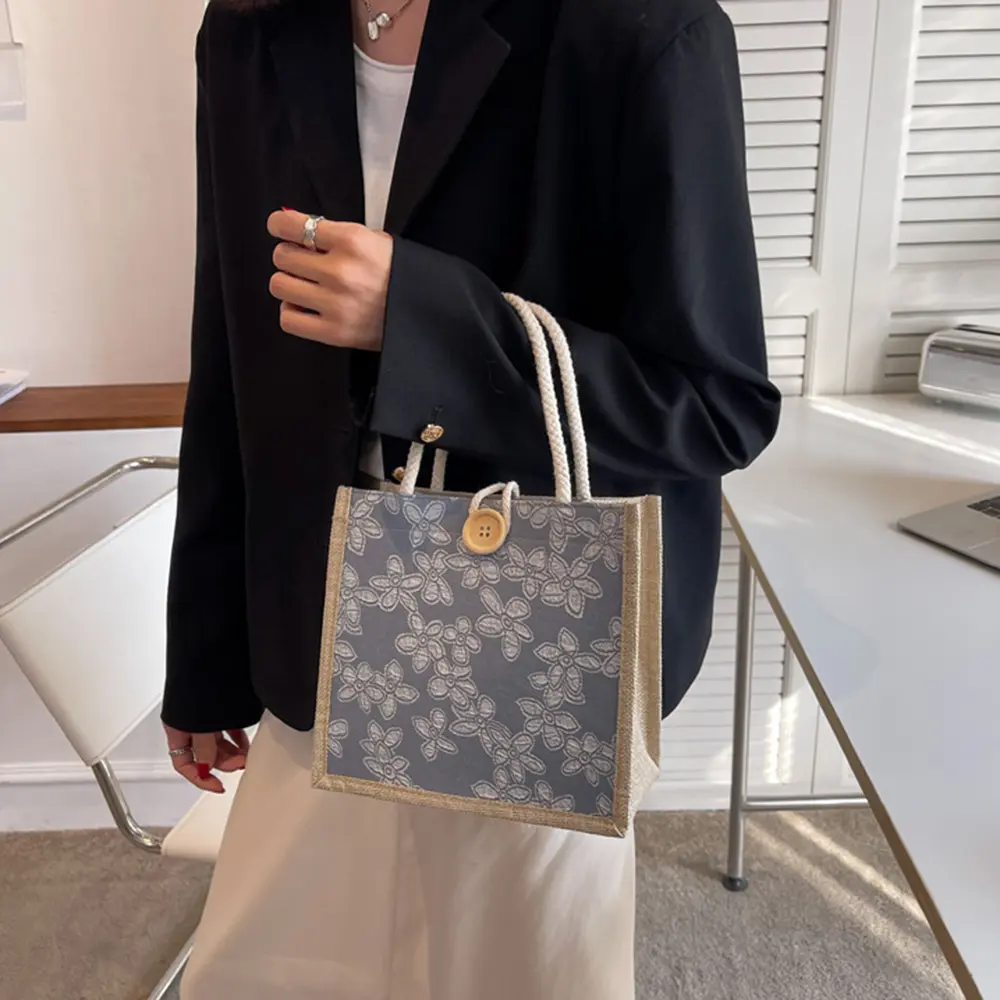 Linen Eco-friendly Shopping Bag Gift Bag Handbag Large Capacity Grocery Bag Women Casual Button Tote Bag Portable Pouch