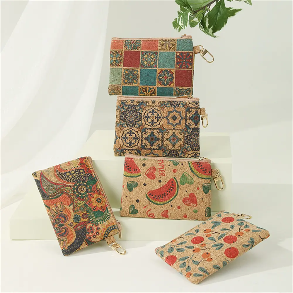 Women Men Coin Purse Cork Mini Wallet Small Bag with Key Chain Ring Change Purses Zipper Money Bags Vintage Square Clutch Bag