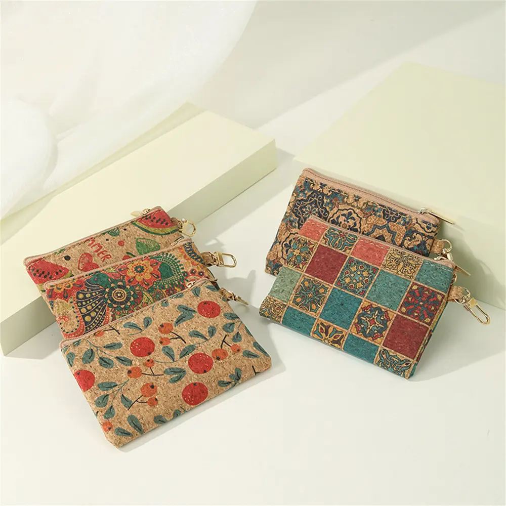 Women Men Coin Purse Cork Mini Wallet Small Bag with Key Chain Ring Change Purses Zipper Money Bags Vintage Square Clutch Bag