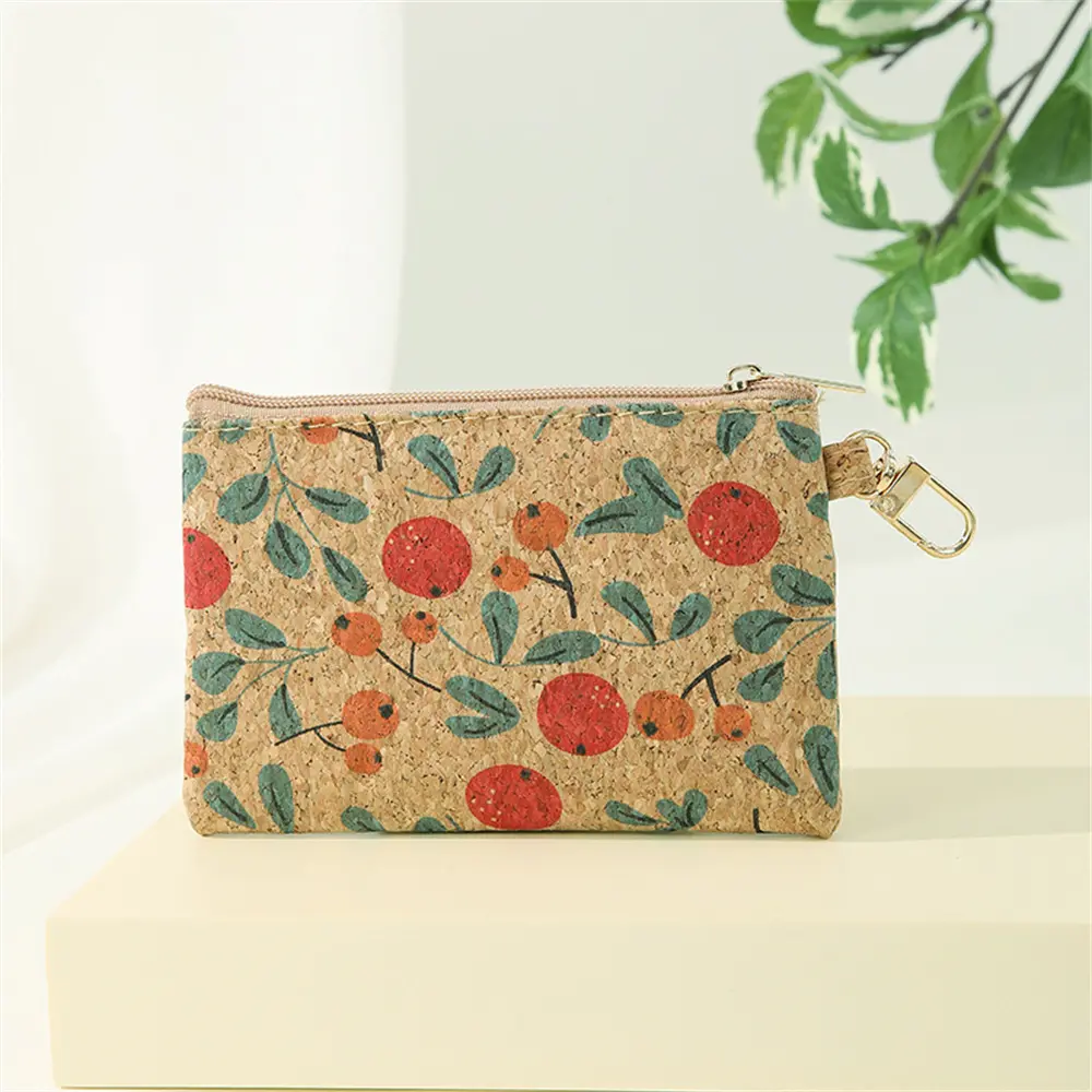 Women Men Coin Purse Cork Mini Wallet Small Bag with Key Chain Ring Change Purses Zipper Money Bags Vintage Square Clutch Bag