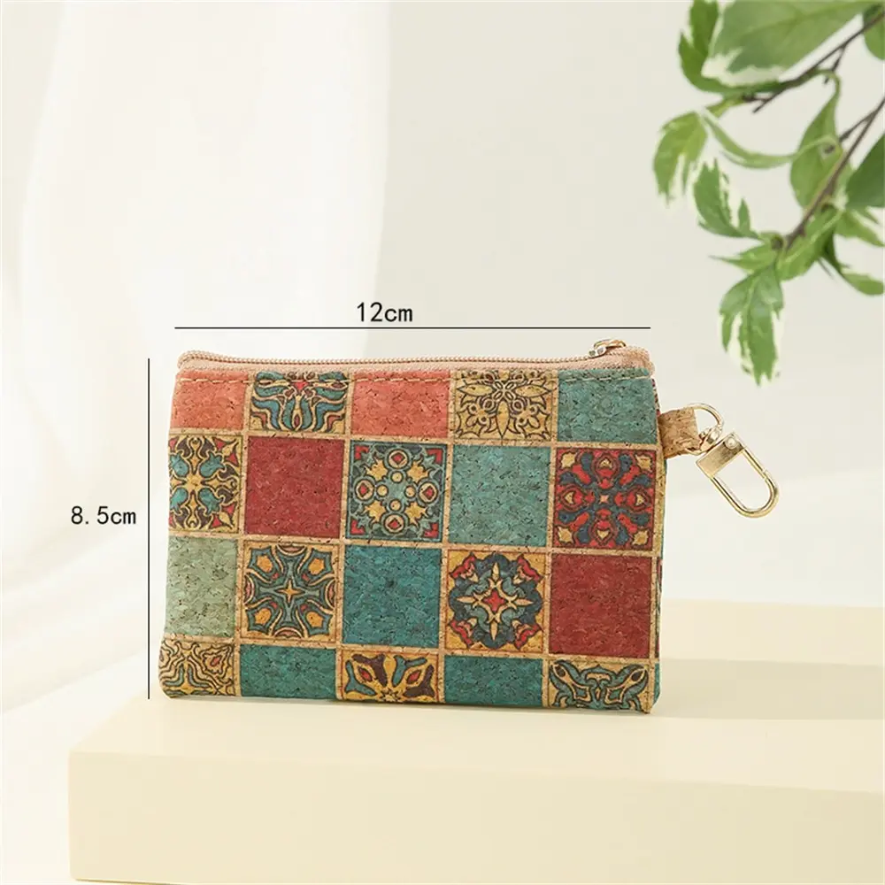 Women Men Coin Purse Cork Mini Wallet Small Bag with Key Chain Ring Change Purses Zipper Money Bags Vintage Square Clutch Bag