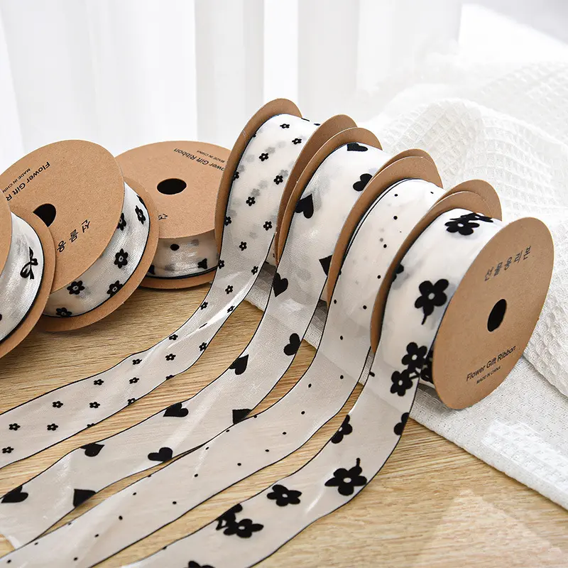 4cm 10Yards/Roll Flocking Print Ribbon Dot Flowers Bow Heart Chiffon Organza Ribbon For DIY Hair Bows Accessories Gift Packaging