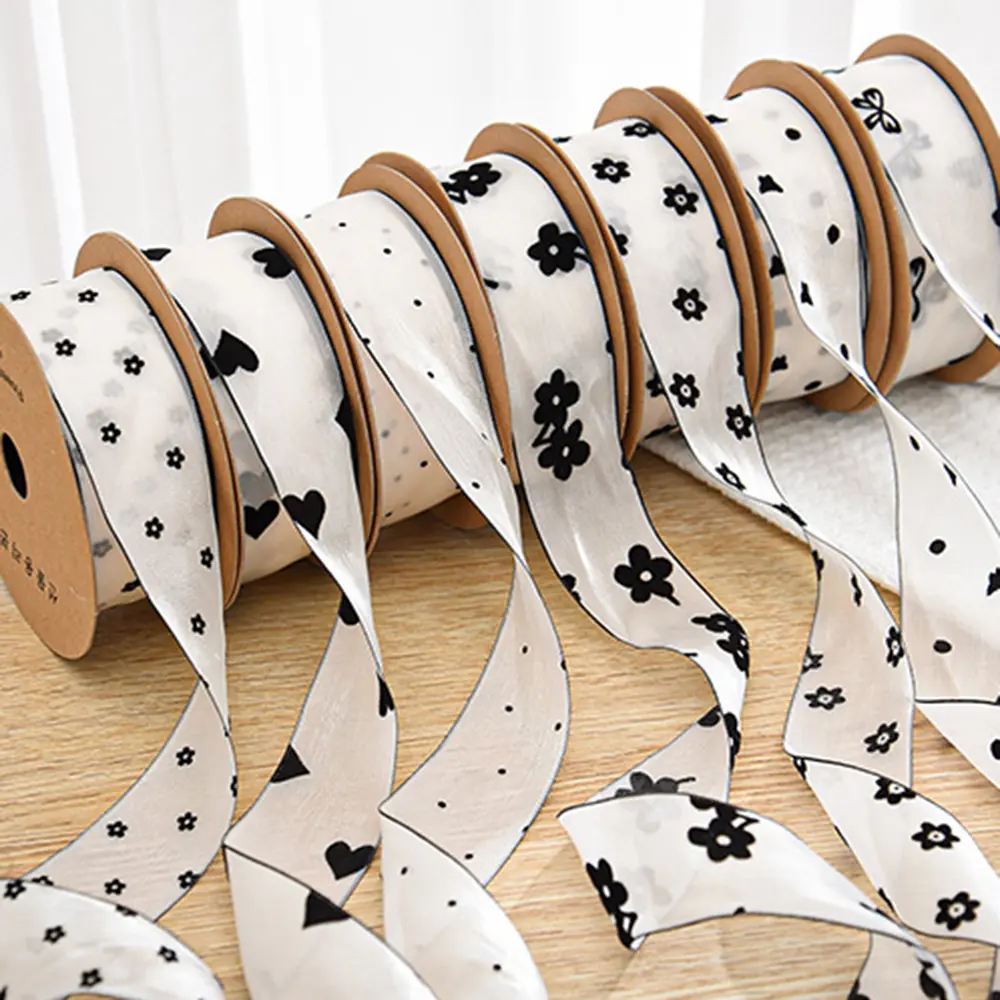 4cm 10Yards/Roll Flocking Print Ribbon Dot Flowers Bow Heart Chiffon Organza Ribbon For DIY Hair Bows Accessories Gift Packaging